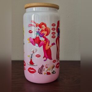 Jessica Rabbit Roger pink white glitter glass tumbler, lid, straw 16oz